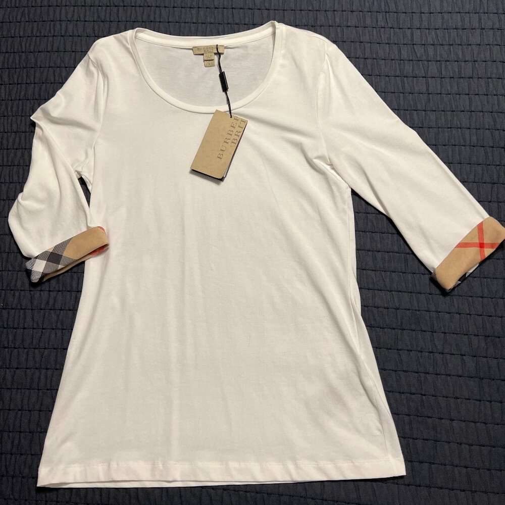 NWT Burberry Scoop Neck Plaid Cuffs 3/4 Sleeve Tee